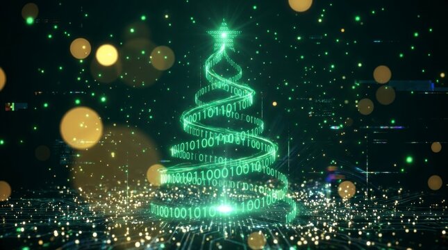 Digital Christmas tree made of binary code with glowing particles and bokeh lights on a dark background, representing technology and holiday season