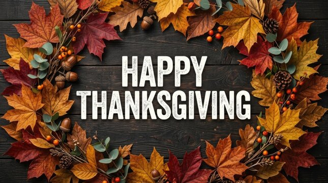 Festive thanksgiving greeting with colorful autumn leaves arranged in a beautiful wreath