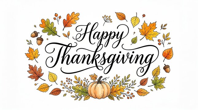 Watercolor happy thanksgiving lettering with autumn leaves pumpkins and floral elements