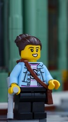 Fototapeta premium Tambov, Russian Federation - June 24, 2026 A close-up shot of a Lego woman minifigure with a crutch and a shoulder bag standing on a city street.