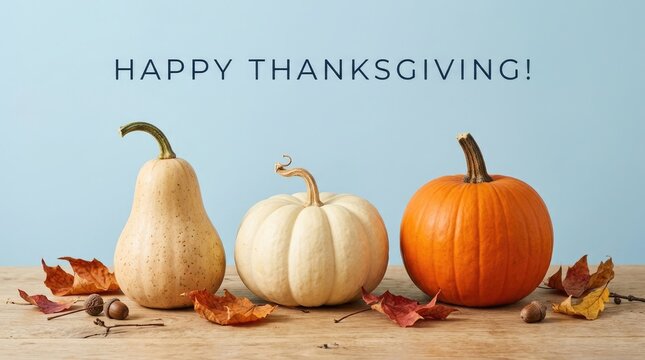 Autumn gourds and pumpkins with a happy thanksgiving message on a light blue background