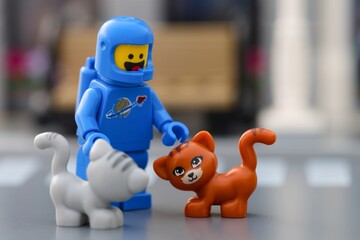 Fototapeta premium Tambov, Russian Federation - September 19, 2026 A close-up shot of a blue Lego spaceman minifigure interacting with gray and ginger cats outdoors