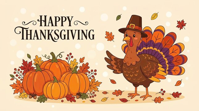 Festive thanksgiving illustration with turkey pumpkins autumn leaves and handwritten text