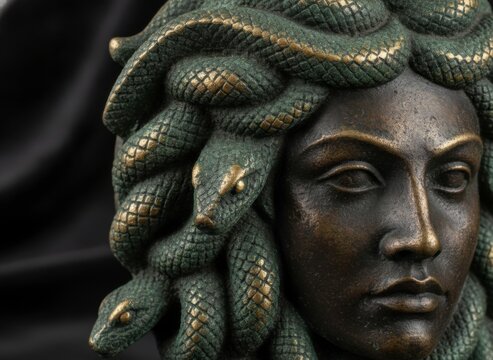 Bronze Medusa head sculpture with intricate snake hair details against a dark, soft background, showcasing ancient Greek mythology art