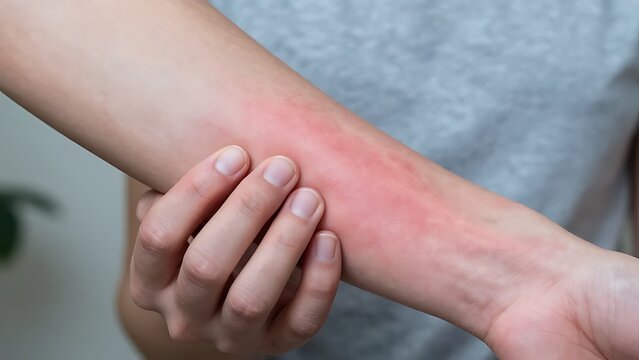 Person scratching an itchy red rash and skin irritation on their arm with fingers for allergy, dermatitis, eczema, insect bite, and medical symptom treatment concepts.