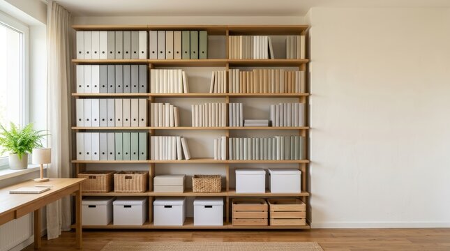 Organized study shelf with plain binders and storage boxes in modern home office