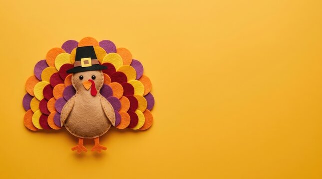 Colorful paper turkey craft on a bright yellow background for thanksgiving celebrations