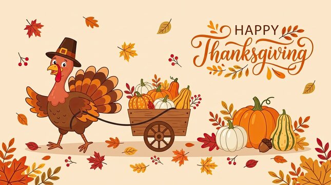Festive thanksgiving scene with turkey pulling cart full of autumn harvest bounty
