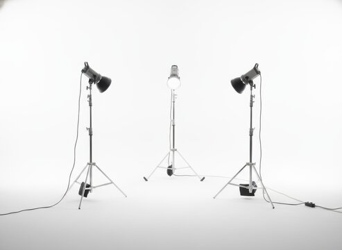 Three professional studio lights on stands illuminating a white cyclorama background, ready for a photoshoot