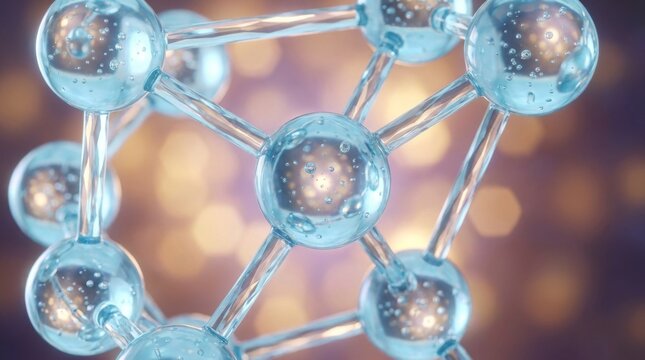 Abstract molecular structure with interconnected blue spheres and reflective surfaces against a bokeh background, representing science and technology
