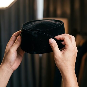 Hands Holding Traditional Black Velvet Peci Cap