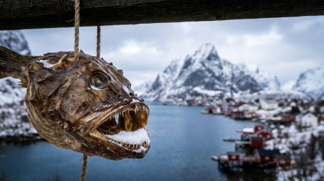 Dried cod fish head (stockfish) hanging with a snowy Norwegian fishing village and mountains in the background