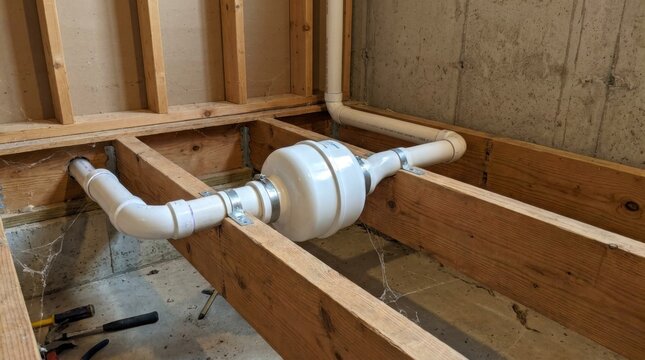 White PVC pipes and a radon mitigation system installed between wooden floor joists in a home under construction