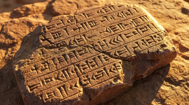 Ancient cuneiform writing carved into a weathered clay tablet, illuminated by warm sunlight on a textured rock surface