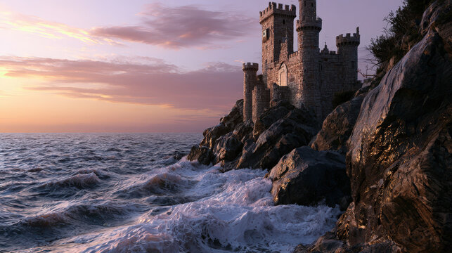 Majestic Medieval Stone Castle on a Rugged Cliff Overlooking a Turbulent Ocean at Sunset, Golden Hour Lighting, , ,
