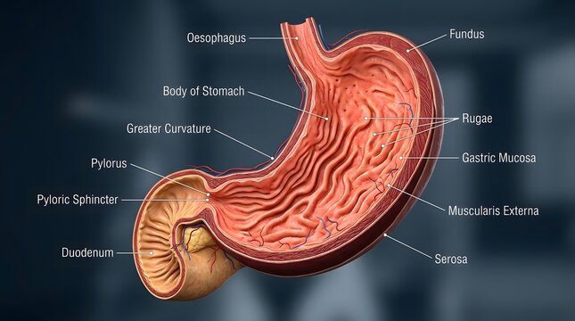 detailed anatomical cross-section diagram of the human stomach highlighting internal structures.