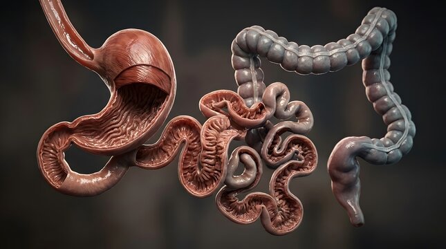3D rendering of the human digestive system including stomach and intestines.