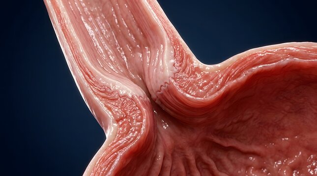 Anatomical illustration showing the junction between the esophagus and the stomach in a cross section view.