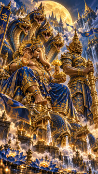 Lord Ganesha and Vaisravana with multi-headed naga in golden heavenly palace