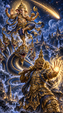 Lord Ganesha and Vaisravana with multi-headed naga in heavenly palace night sky
