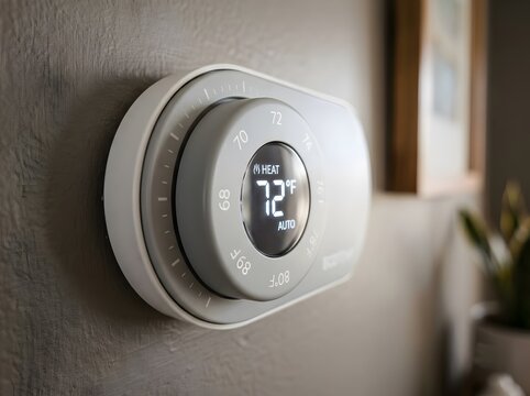 Smart thermostat displaying seventy two degrees heat mode on wall