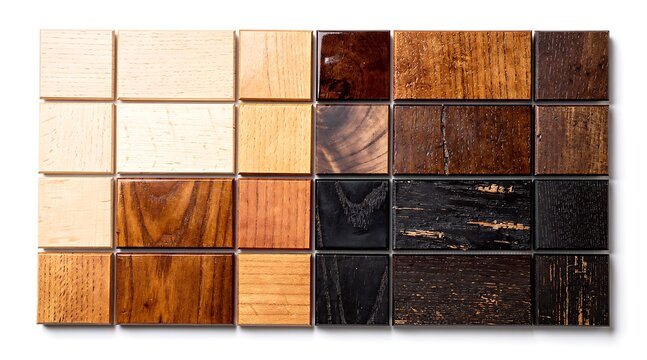 Professional collection of twenty four wooden material swatches showing different grain patterns, colors, and finishes from light oak to dark walnut and charred wood on a white background.