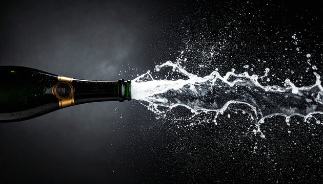 A dynamic studio shot of an exploding champagne bottle erupting with foam against a dark background, evoking feelings of celebration and luxury. Nobody present, perfect for event marketing.