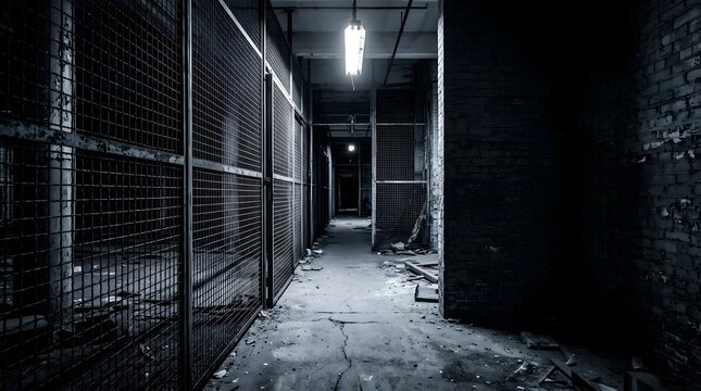 Empty industrial corridor with metal partitions and dim overhead lighting