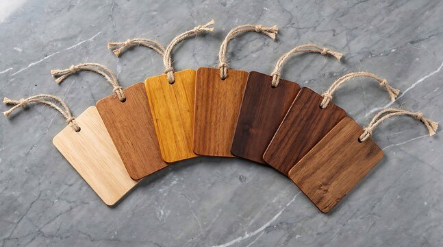 A collection of various wooden material samples showing different wood grain textures and stains with twine strings arranged in a fan shape on a grey marble background for interior design use.