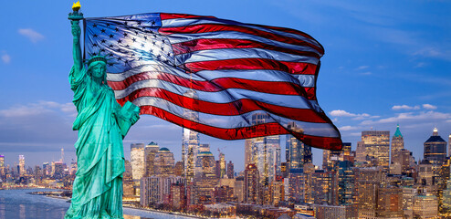 USA flag in New York. United States with American flag. United States with Statue of Liberty. United States with liberty statue. United States in New York. Independence with Statue of Liberty. © Volodymyr