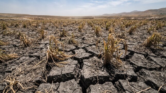 Parched Earth and Withered Crops During an Intense Drought Period Creating a Barren Landscape Impacted by Severe Global Climate Change