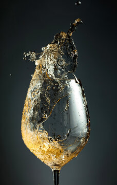 An image of white wine being splashed into a glass.