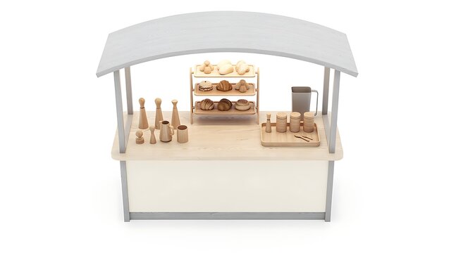 Miniature wooden bakery stall toy for kids pretend play featuring wooden croissants pastries and kitchen accessories on white background educational Montessori style marketplace stand