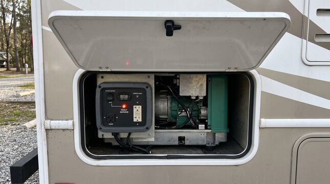 A close-up of a generator compartment in an RV parked outdoors.