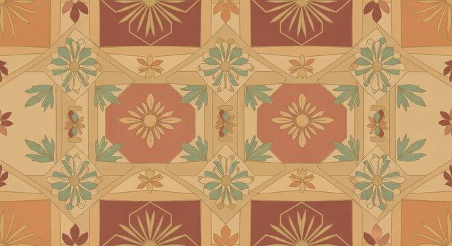 An intricate vintage decorative pattern featuring classical motifs in warm earth tones creating a sophisticated historical ambiance suitable for heritage preservation projects and classical