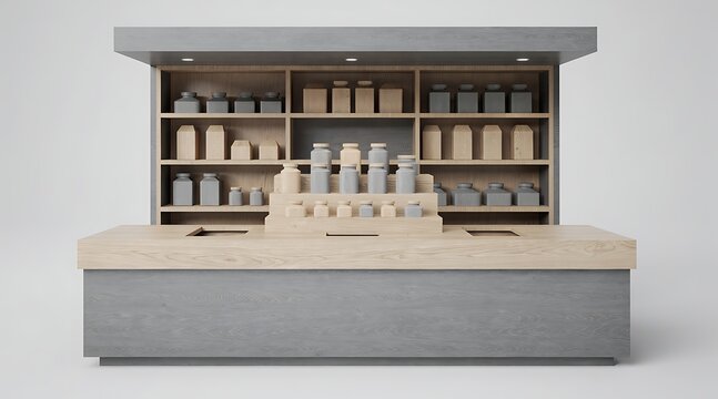 Minimalist 3D render front view of a clean retail counter booth with wooden shelves and grey storage jars for shop interior mockup, product display, and modern commercial furniture design