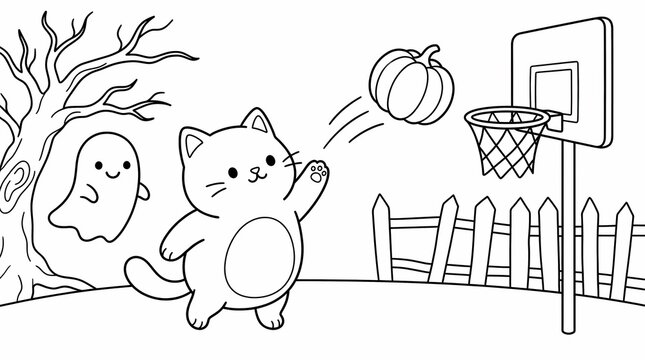 Cute cartoon cat throwing a pumpkin basketball into a hoop on a Halloween coloring page with a friendly ghost