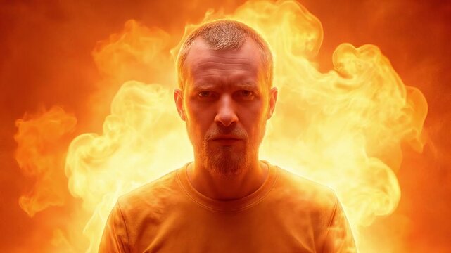 Serious man standing amidst intense orange flames. Cinematic lockdown shot of character in fire.