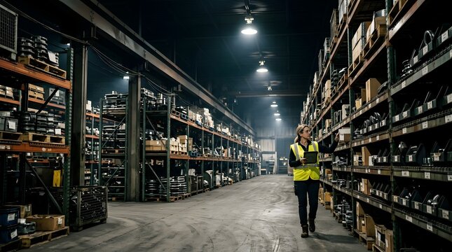 Logistics worker checking inventory with tablet in large warehouse