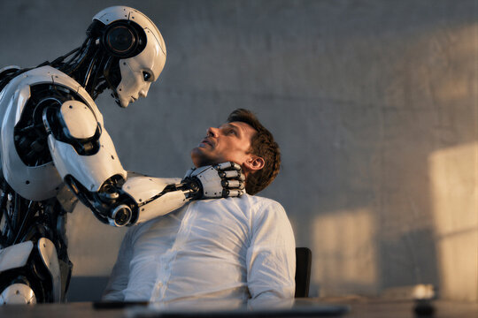 Futuristic robot choking a terrified man representing the existential threat of artificial intelligence