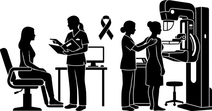 Mammography screening silhouette vector illustration with female patient, medical doctor and nurse examining patient in clinic