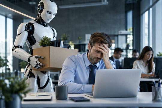 Modern humanoid robot holding a cardboard box standing next to a highly stressed businessman working on a laptop, automation and AI job loss concept