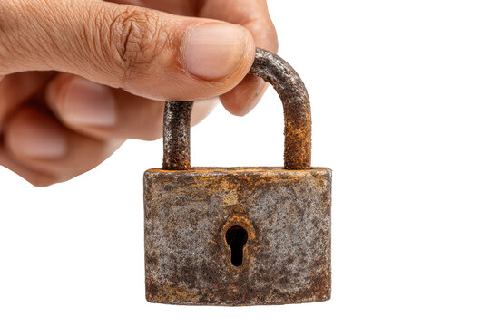 Hand holding aged rusted padlock isolated against a bright studio setting conceptualizing security and obsolescence, isolated on transparent background
