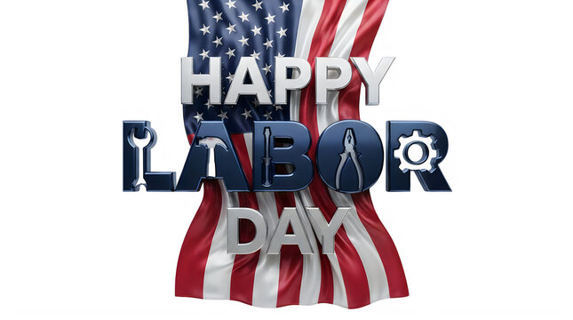Happy labor day greeting sign with metallic blue text and american flag background