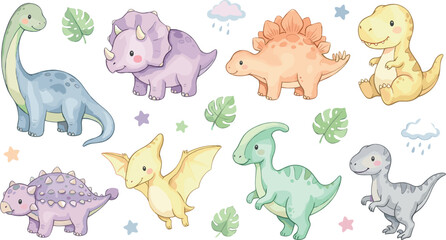 Aesthetic pastel watercolor dinosaur vector character set featuring cute baby tyrannosaurus triceratops brachiosaurus and stegosaurus clipart for sweet nursery room wall art decoration © SARIFA