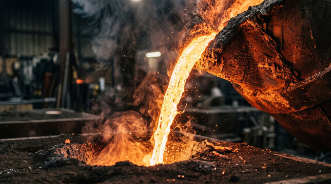 Molten red-hot metal alloy pouring from an industrial foundry crucible into a sand mold, with thick smoke rising in a dramatic setting.