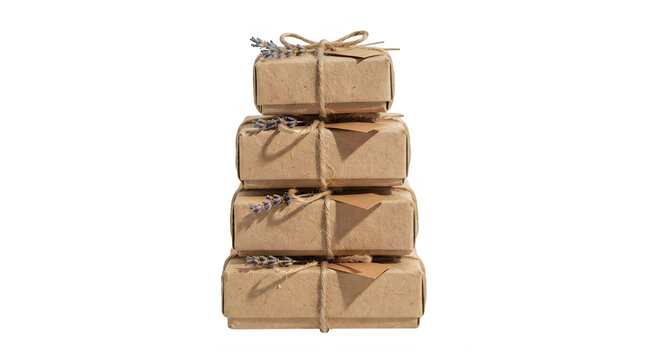 Stack of four brown cardboard gift boxes wrapped with rustic twine string for holiday celebration