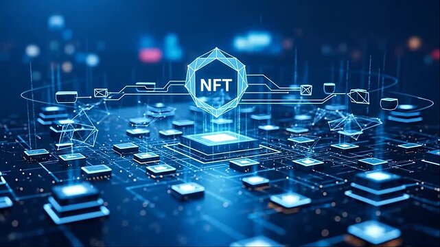 Digital nft crypto token glowing on futuristic motherboard circuit board background in smooth motion video clip