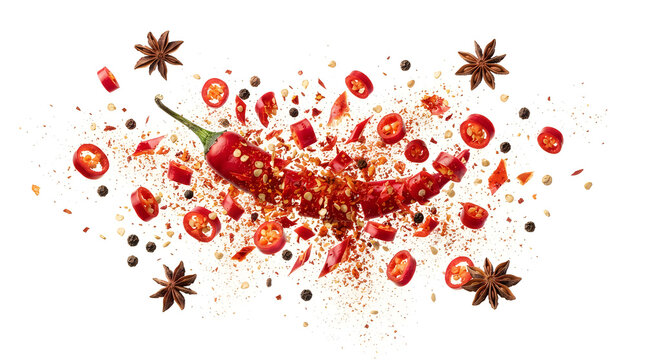 Red chili pepper with flying spice particles and star anise isolated on a transparent background