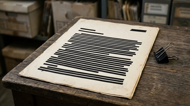 Censored document with black redacted lines on a wooden desk